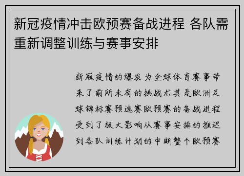 新冠疫情冲击欧预赛备战进程 各队需重新调整训练与赛事安排